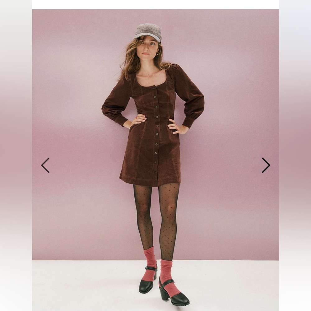 Madewell Corduroy Seamed Long-Sleeve Mini Dress in “Raisin” size 00